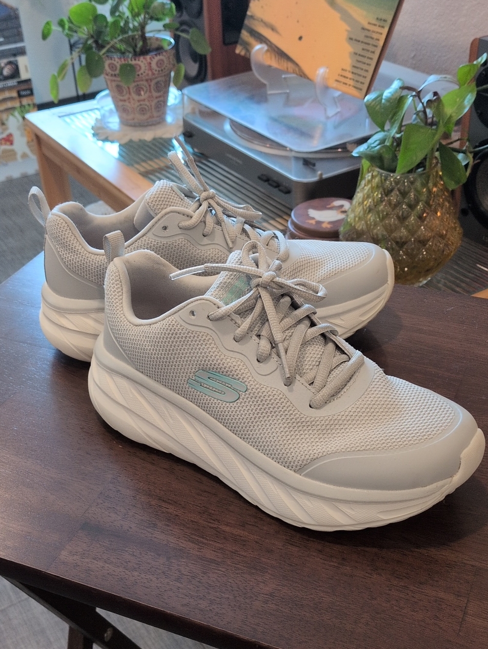 Skechers Women's Light Gray and White Mesh Lace-Up Sneakers with Teal Accents